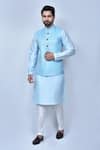 Buy_Arihant Rai Sinha_Sky Blue Kurta And Pant Art Silk Woven Leaf Bundi With Pastel Set _at_Aza_Fashions