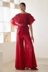 Buy_Mishru_Red Malva Sheer Organza Pouf Top And Sequin Pant Set _at_Aza_Fashions