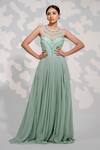 Buy_Tamaraa By Tahani_Green Georgette Embroidered Crystals Round Pleated Gown _at_Aza_Fashions