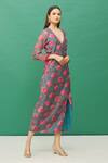 Shop_Samyukta Singhania_Blue Chanderi Floral Print Wrap Dress_Online_at_Aza_Fashions