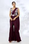 Buy_Khwaab by Sanjana Lakhani_Wine Lycra Embroidery Sequin Sweetheart Sharara Saree With Blouse _at_Aza_Fashions