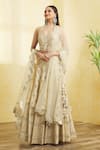 Buy_Vandana Sethi_Ivory Dupion Silk Embroidered Mirror Work V Neck Floral Bridal Lehenga Set _at_Aza_Fashions