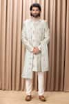 Buy_Ankit V Kapoor_Green Raw Silk Embroidery Zardozi Lahore Sherwani Set With Stole _at_Aza_Fashions