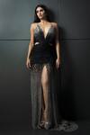 Buy_Rohit Gandhi + Rahul Khanna_Black Tulle Crystals V-neck Ombre Skyfall Gown _at_Aza_Fashions