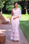 Buy_Tarini Vij_Pink Georgette Sequin Plunge V Neck Ruffle Layered Saree With Blouse _at_Aza_Fashions