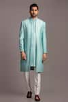 Buy_Jayesh Shah_Blue Tussar Dupion Silk Embroidered Mirror A-line Sherwani Set _at_Aza_Fashions