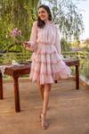 Buy_B'Infinite_Pink Chiffon Floral Pattern High Neck Tiered Dress_at_Aza_Fashions