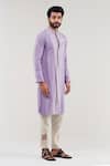 Buy_Shreyansh Designs_Purple Cotton Linen Color Block Pattern Kurta _at_Aza_Fashions