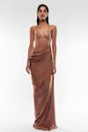 Buy_Deme By Gabriella_Pink Georgette, Net, Chiffon Sequins V-neck Strappy Draped Gown _at_Aza_Fashions