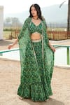 Buy_Basanti - Kapde Aur Koffee_Green Georgette Print Leaf V Neck Cluster Cape And Skirt Set _at_Aza_Fashions