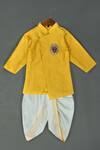 Buy Maaikid Yellow Cotton, Silk Embroidery Lion Motif Sherwani Set at Aza Fashions Buy_Maaikid_Yellow Cotton, Silk Embroidery Lion Motif Sherwani Set _at_Aza_Fashions