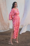 Buy_Kauza_Pink Viscose Satin Printed Abstract V Neck Alsu Kaftan Dress With Belt _at_Aza_Fashions