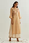 Buy_Prama By Pratima Pandey_Beige Chanderi Embroidery Round Neck Dress With Inner _at_Aza_Fashions