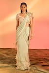 Buy_J by Jannat_Green Crepe Hand Embroidery Floral V Pre-draped Saree With Blouse  _at_Aza_Fashions