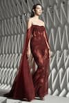 Rohit Gandhi + Rahul Khanna_Maroon Tulle Embroidery Zari Sweetheart Neck Axio Embellished Jumpsuit  _Online_at_Aza_Fashions