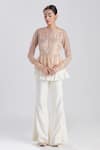 Buy_Megha Bansal_Pink Organza, Chanderi Zainaab Embroidered Jacket And Flared Pant Set_at_Aza_Fashions