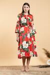 Buy_Divi By Sonal Khandelwal_Red Modal, Satin Collared Wild Rose Print A-line Dress _at_Aza_Fashions