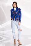 Buy_Betrue_Blue Handloom Cotton Embroidery Collared Floral Hand Biker Jacket _at_Aza_Fashions