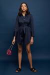 Buy_Escape By Aishwarya_Blue Cotton Satin Plain Collared Neck Front Tie Up Jumpsuit _at_Aza_Fashions