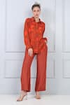 Buy_Ekastories_Orange Modal Split V-neck Hibiscus Print Shirt And Pant Set_at_Aza_Fashions