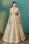 Buy_Aneesh Agarwaal_Beige Soft Organza Embroidery Foil Scoop Neck Zari Bridal Lehenga Set _at_Aza_Fashions