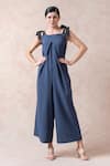 Buy_Thetaa_Blue Linen Solid Square Neck Tie -up Strappy Jumpsuit _at_Aza_Fashions