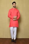 Buy_Aryavir Malhotra_Coral Cotton Silk Plain Mandarin Collar Solid Kurta Set _at_Aza_Fashions