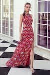 Buy_DiyaRajvvir_Red Georgette Printed Diamond Frame Halter Gown _at_Aza_Fashions