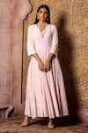 Buy_Monk & Mei_Pink Rayon Embroidered V Neck Falak Pastel Anarkali _at_Aza_Fashions