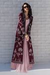 Buy_Talking Threads_Maroon Jacket Crepe Embroidered Gara Jacket Open Oriental With Gown  _at_Aza_Fashions