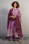 Shop_Samant Chauhan_Purple Cotton Silk Embroidered Floral Round Anarkali And Pant Set_Online_at_Aza_Fashions