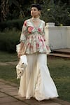 Buy_Paulmi and Harsh_Off White Cotton Silk Leave Floral Petal Pattern Peplum And Palazzo Set _at_Aza_Fashions