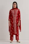 Buy_Priya Chaudhary_Red Cotton Embroidered Chikankari Notched Neck Kurta Set _at_Aza_Fashions