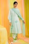 Buy_Kacha Tanka_Blue Dupatta Chiffon, Kurta And Pant Cotton Balloon Sleeve Hand Embroidered Set _at_Aza_Fashions