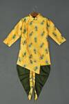 Buy_Maaikid_Yellow , Satin Sequins, Printed Kurta And Bottle Green Dhoti Set _at_Aza_Fashions