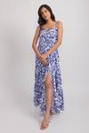 Buy_Aroop Shop India_Blue Velvet Lace Sweetheart Neck Berry Floral Print Maxi Dress _at_Aza_Fashions