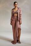 Buy_Divya Aggarwal_Brown Satin Beads, Tassels Plunge Neck Debro Blazer Skirt Set _at_Aza_Fashions