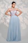 Buy_Tamaraa By Tahani_Blue Tulle, Georgette Sequins, Crystals, Beads Round Embroidered Pleated Gown _at_Aza_Fashions