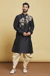 Buy_Arihant Rai Sinha_Black Silk Embroidery Thread Diagonal Kurta And Dhoti Pant Set _at_Aza_Fashions