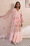 Buy_Meghstudio_Pink Kurta And Sharara Georgette Hand Painted Floral V Kyari Set  _at_Aza_Fashions