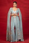 Buy_Miku Kumar_Blue Georgette Hand Embroidered Bead Cape Open Cut Dana Palazzo Set  _at_Aza_Fashions