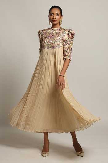 Buy_Sejal Kamdar_Beige Gajji Silk Embroidery Cut Pipe Round Yoke Gathered Dress _at_Aza_Fashions