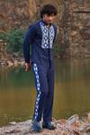 Buy_Dash And Dot_Blue 2% Lycra, 35% Viscose, 63% Polyester Geometric Jacquard Tuxedo Stripe Pant_at_Aza_Fashions