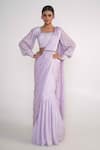 Buy_Merge Design_Purple Modal, Silk, Chiffon Sequins, Embroidery Solid Pre-draped Saree Set _at_Aza_Fashions