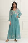 Buy_Ikshita Choudhary_Blue Chanderi Embroidered Floral V Neck Sequin Dress _at_Aza_Fashions