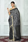 Buy_Samyukta Singhania_Black Pure Linen Woven Scalloped And Geometric Pattern Zari Work Saree _at_Aza_Fashions