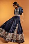 Buy_Sejal Kamdar_Blue Pure Satin Crepe And Gajji Silk Print & Floral Ruffle Sleeve Gown  _at_Aza_Fashions