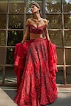 Buy_Cherie D_Red Tulle Embroidery Thread Sweetheart Neck Maharani Lehenga Set _at_Aza_Fashions