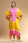 Buy_Etasha by Asha Jain_Pink Gajji Silk Bandhani Round Asymmetric Pattern Kaftan _at_Aza_Fashions