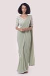 Buy_Onaya_Green Lycra Embroidery Pre-draped Lace Trim Saree With Work Blouse _at_Aza_Fashions
